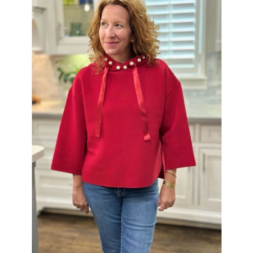 Joh Red Pearl-Trim Hoodie with Satin Ties size medium